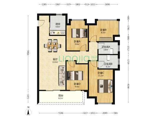 卓越大江 4室1厅2卫 122平方