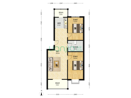 水岸花城南北通透两居，板楼，户型方正，采光好-户型图