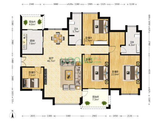 东苑E区 4室1厅2卫 153平方