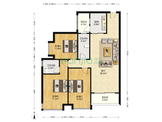 星汇绿洲 3室1厅2卫 130平方