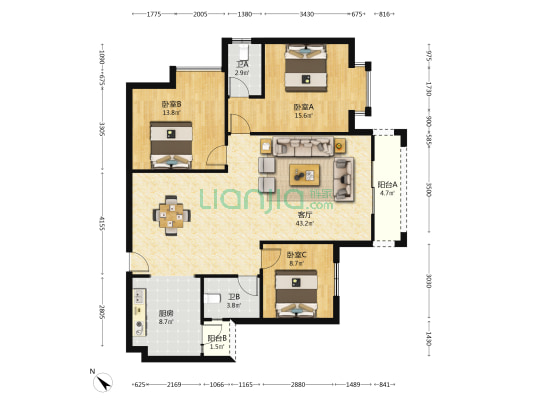 红枫中央大街 3室1厅2卫 128平方