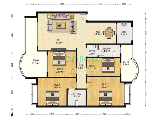 明兴花苑 4室2厅3卫 152平方
