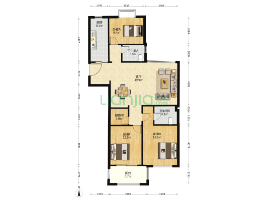 香滨左岸三组团 3室1厅2卫 137平方