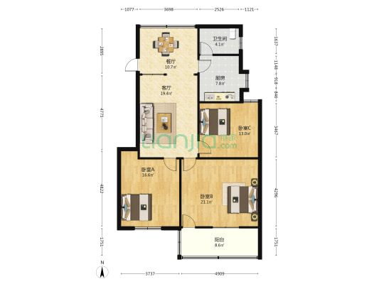 马家弄人行宿舍 3室2厅1卫 105平方