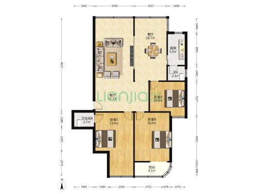 广建小区 3室2厅2卫 128平方