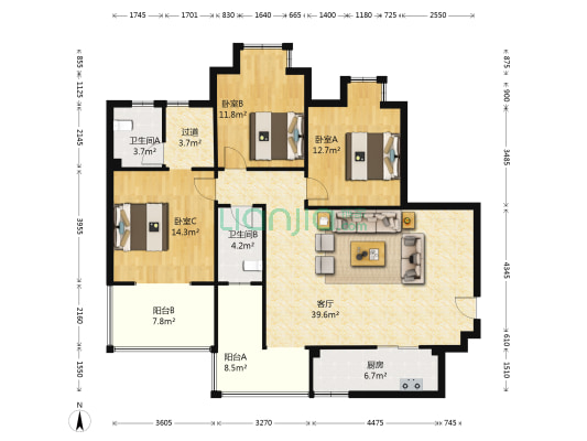 天慧国际外滩 3室1厅2卫 115平方