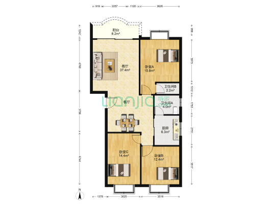 丽景花园 3室1厅2卫 109平方