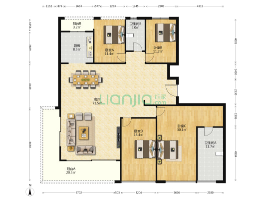 长房国际广场 4室1厅2卫 238平方
