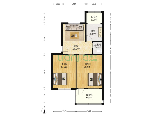 中共济南市委党校宿舍 2室1厅1卫 69平方