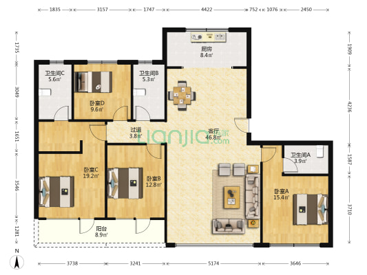 青特悦海府一期 4室1厅3卫 195平方