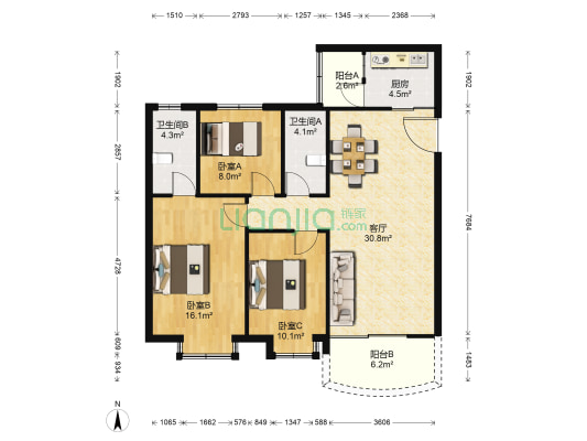园林苑 3室1厅2卫 100平方