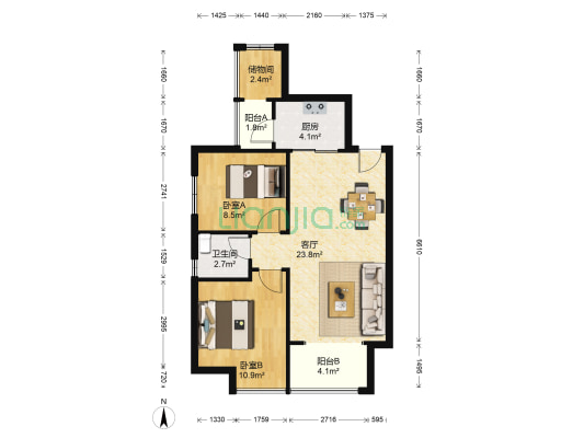 天麓尚层 2室1厅1卫 75平方