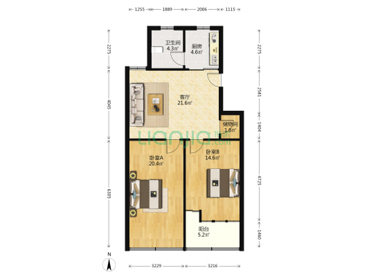 城东小区 2室1厅1卫 82平方