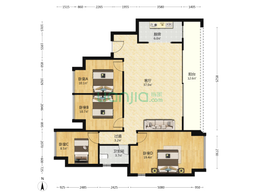 金科博翠未来B区 4室1厅1卫 125平方