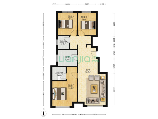 华远一期国企开发商，南北通透的双卫三居-户型图