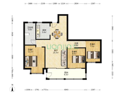 桃颐雅居 3室1厅1卫 112平方