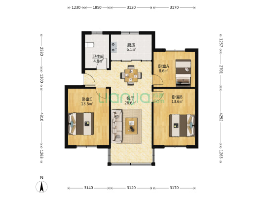 龙景花苑五区 3室1厅1卫 90平方