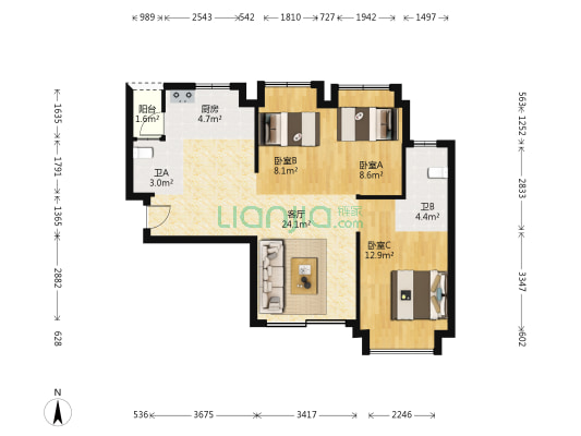 合生杭州湾国际新城三期 3室1厅2卫 95平方