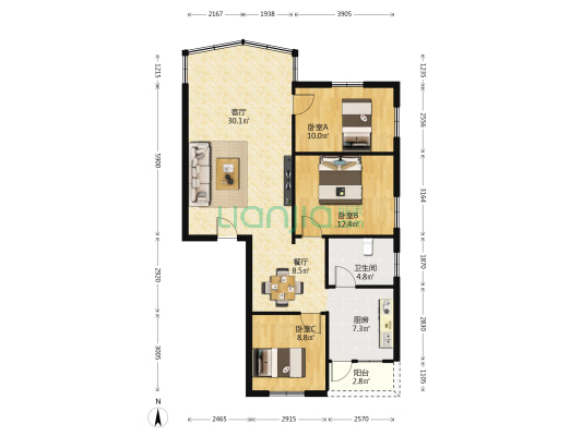 金峰花园 3室2厅1卫 108平方
