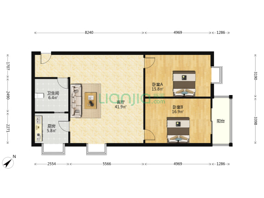 中北路221号 2室1厅1卫 115平方