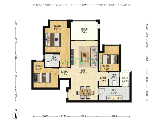 领琇长江B区 3室1厅2卫 94平方