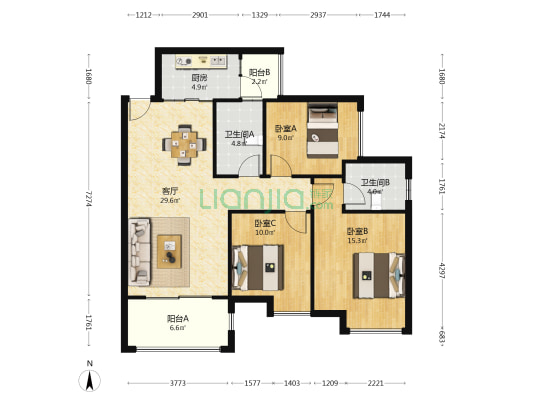 联发君澜天地 3室1厅2卫 98平方