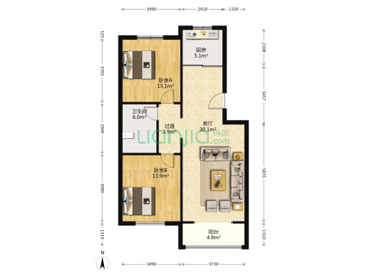 天龙名门世家 2室1厅1卫 91平方