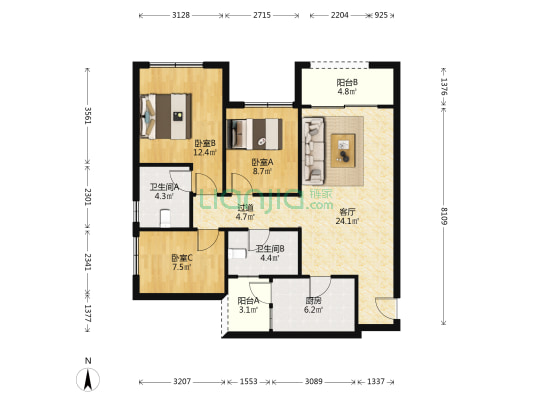 祥和家园（江北） 3室1厅2卫 102平方