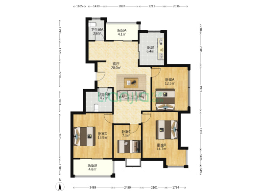 村口家园 4室1厅2卫 124平方