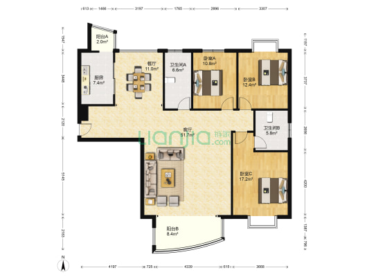 开元名都 3室2厅2卫 180平方