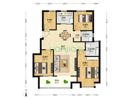 国贸凤凰原 4室1厅2卫 108平方