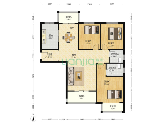 天浩上元郡一期 3室1厅2卫 138平方