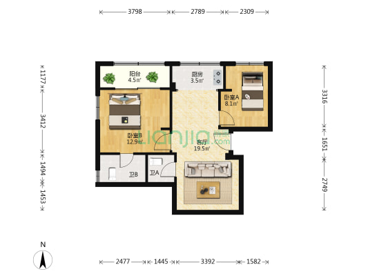 马车河 2室1厅2卫 90平方
