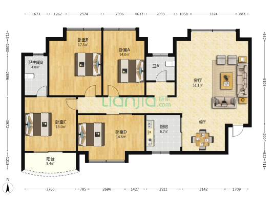 武夷花园 4室1厅2卫 155平方