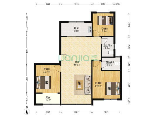 天泰城 3室1厅2卫 127平方