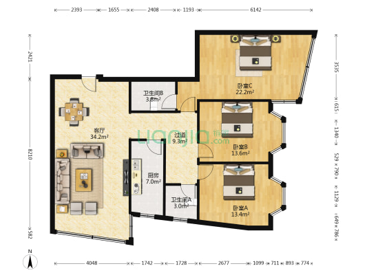 五洲大厦 3室1厅2卫 136平方