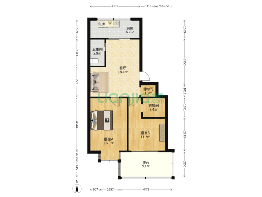 省直机关医院宿舍 2室1厅1卫 74平方