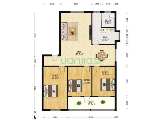向阳路848号 3室1厅1卫 131平方