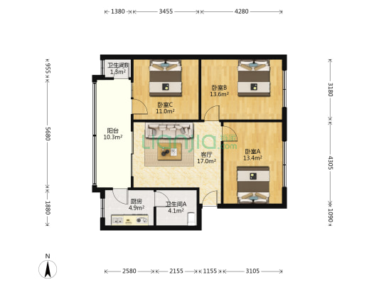 如意大道50号 3室1厅2卫 84平方