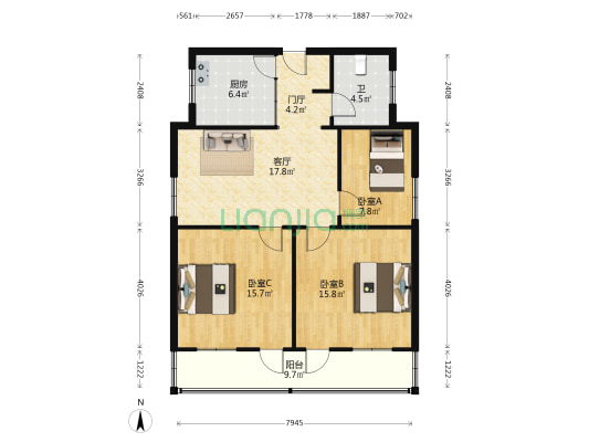 中行住宅楼 3室1厅1卫 83平方