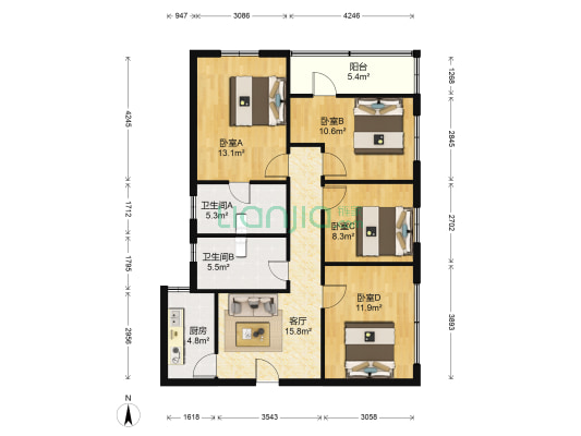 锦绣花园 4室1厅2卫 114平方
