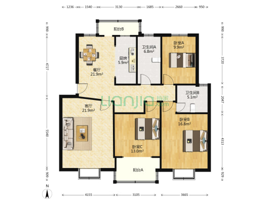 友谊家园 3室2厅2卫 127平方