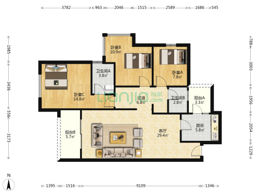 东城国际(崇州) 3室1厅2卫 108平方