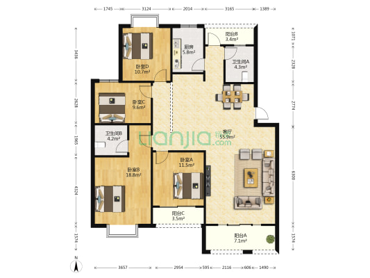 海城苑A区 4室1厅2卫 154平方