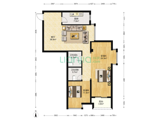 融侨锦江悦府花园南区B区 2室1厅2卫 108平方