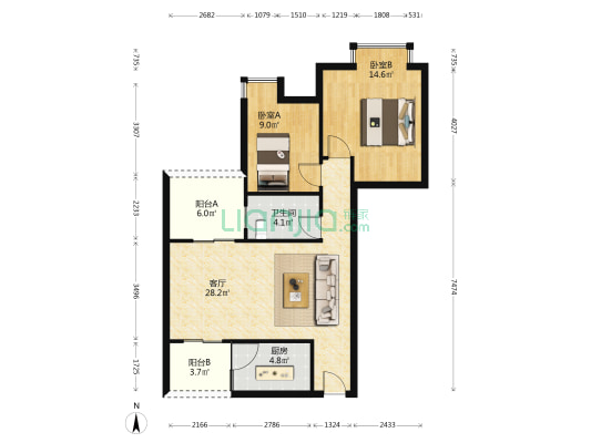 世纪铂爵 2室1厅1卫 87平方