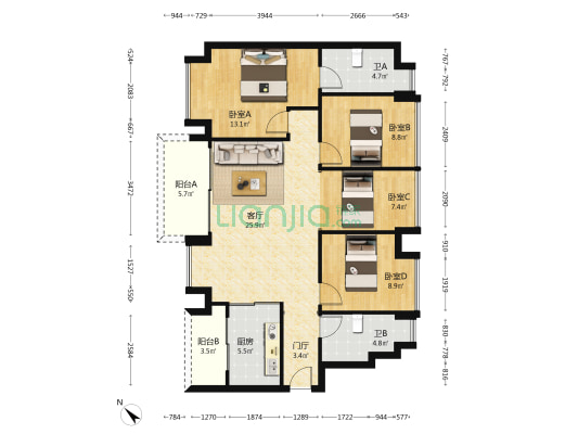 中洲滨海华府二期 4室1厅2卫 126平方