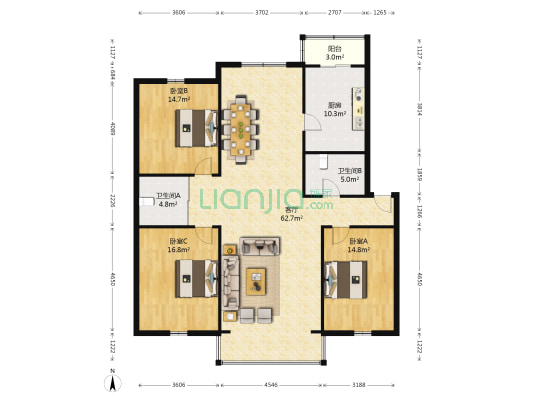 交警一区 3室1厅2卫 157平方