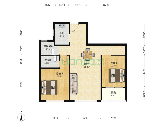 西汇锦园 2室1厅2卫 101平方