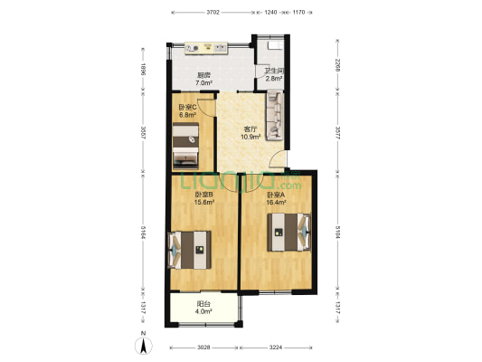 三眼桥一村154到157号 3室1厅1卫 75平方